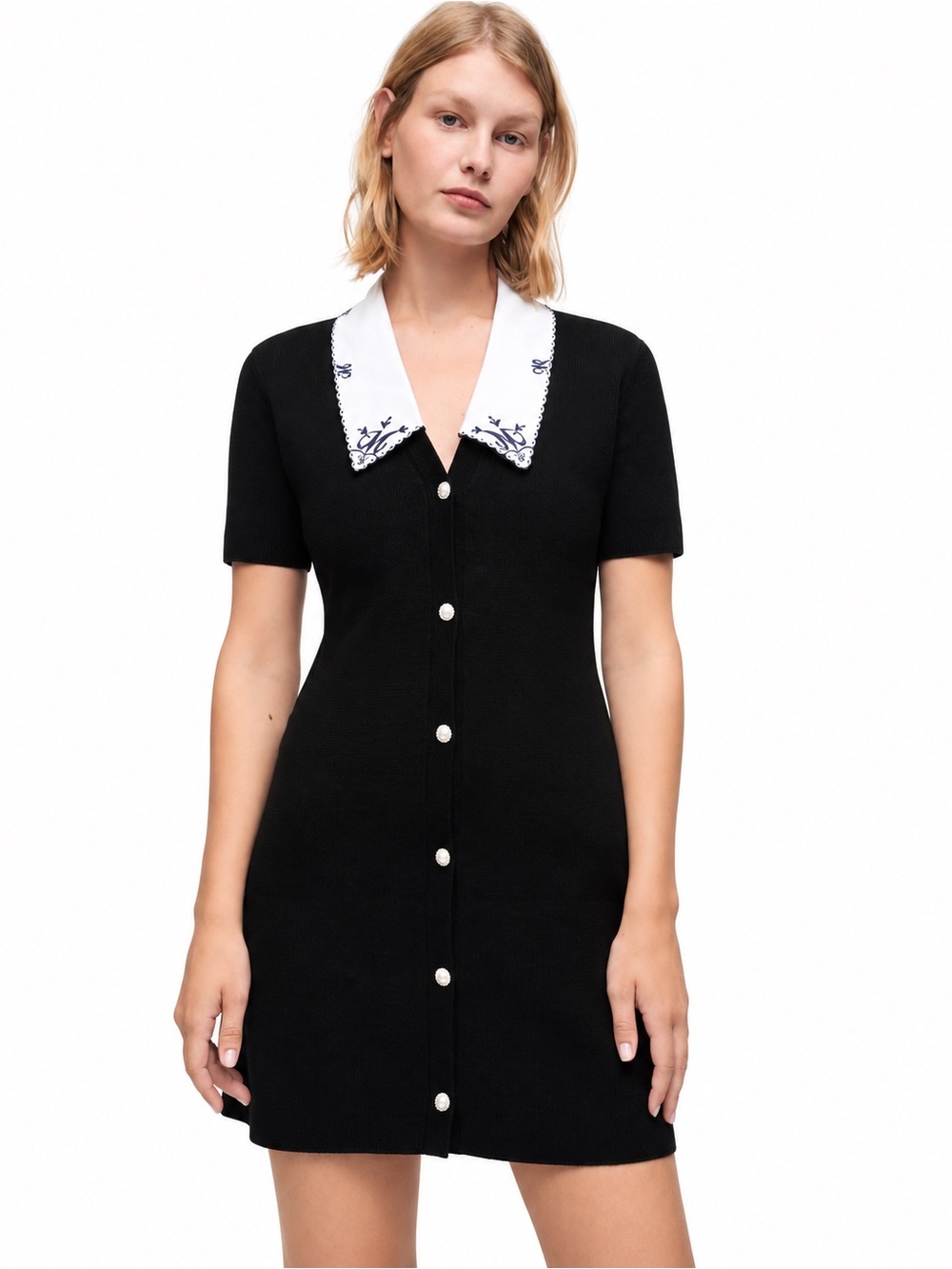 Maje Black Knit Mini Dress White Embroidered Collar Size 10 NWT